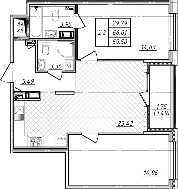 2-комнатная квартира 66.01 м², 13/13 эт., ЖК «Чёрная речка»